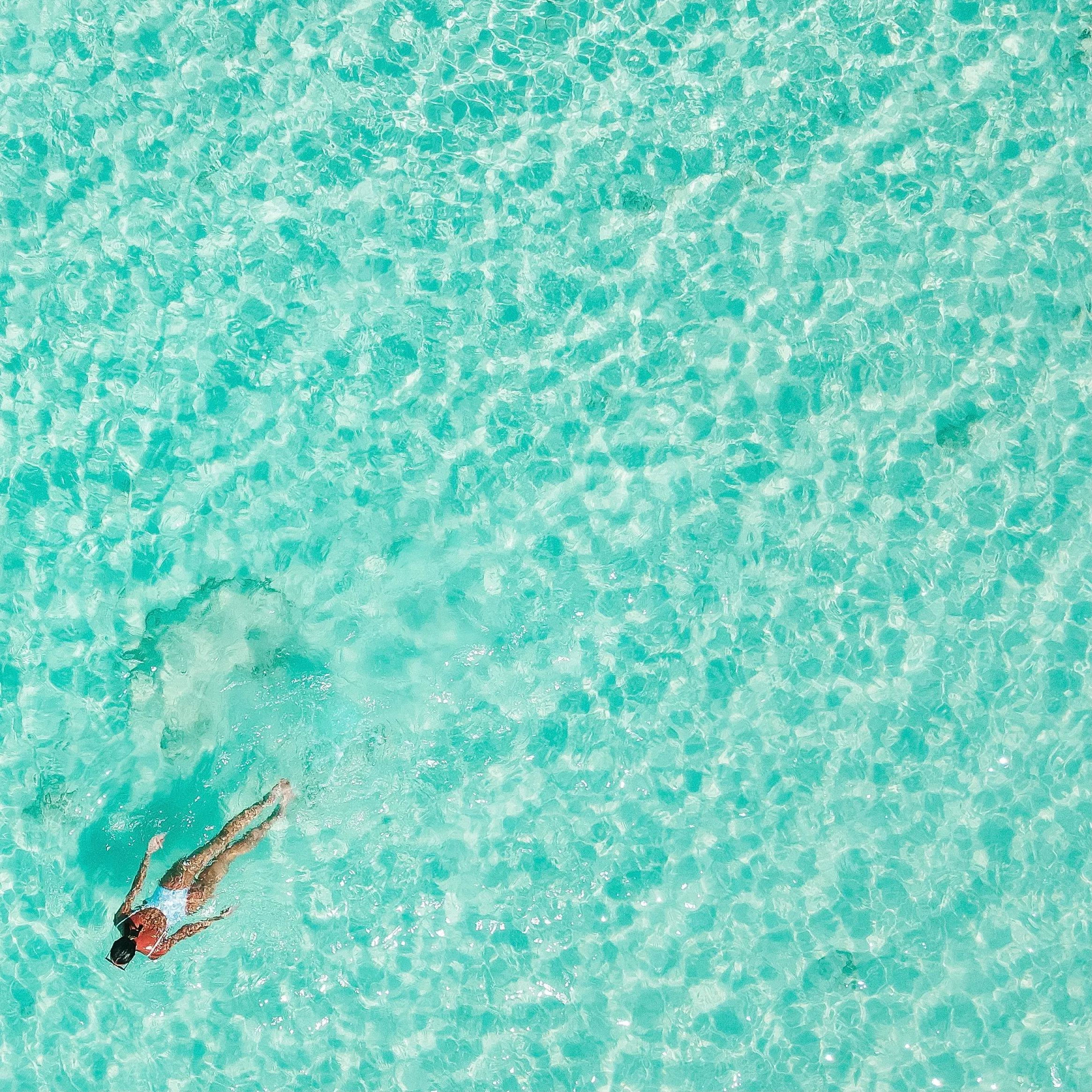 Swimmer seen from above in clear turquoise shallows