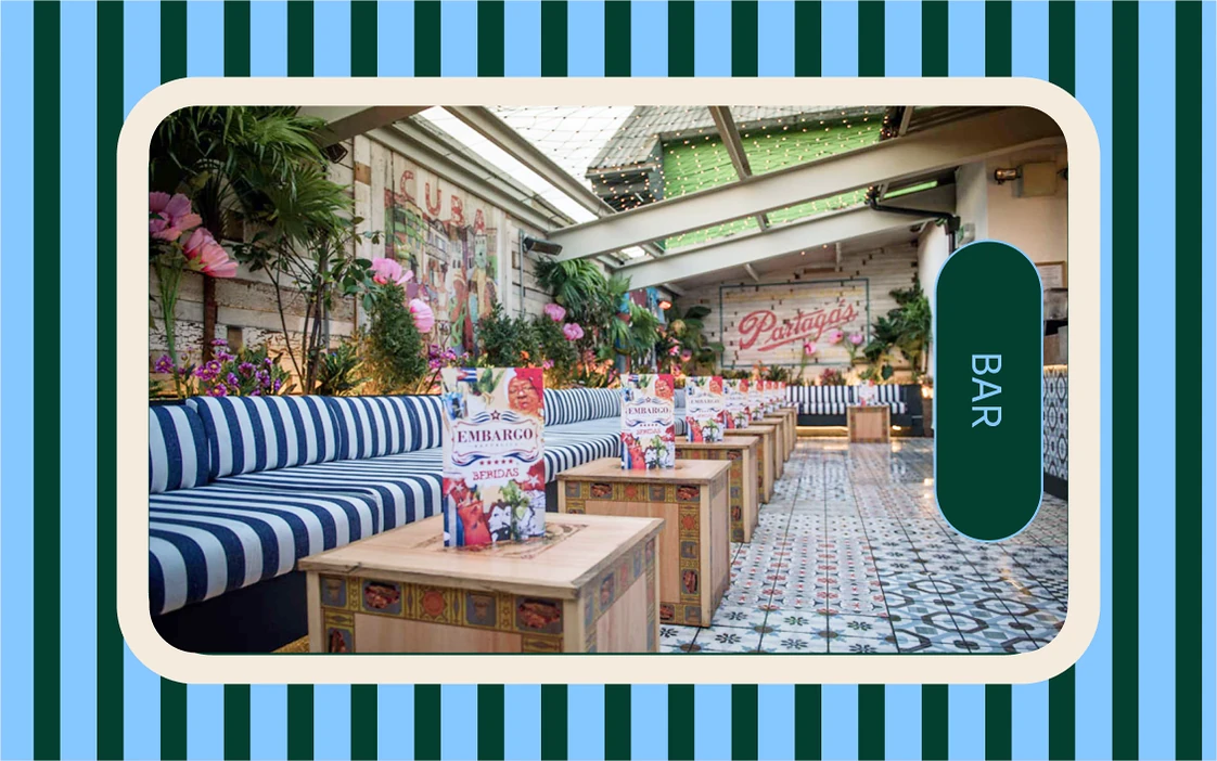 Bar interior card in a blue and green striped frame, tabbed Bar
