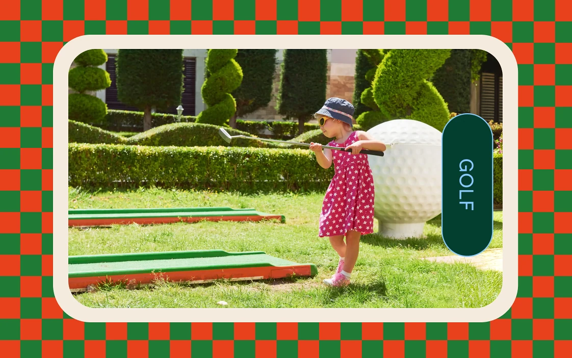 Adventure golf card in a red and green chequered frame, tabbed Golf