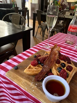 Small plates on a striped tablecloth