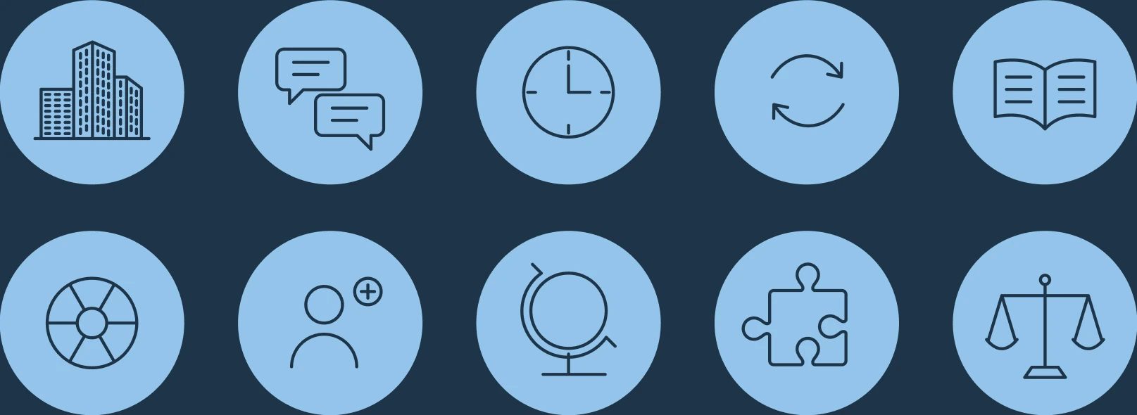Ten service icons in sky-blue discs: buildings, chat, clock, renewal, book, colour wheel, membership, globe, puzzle and scales of justice