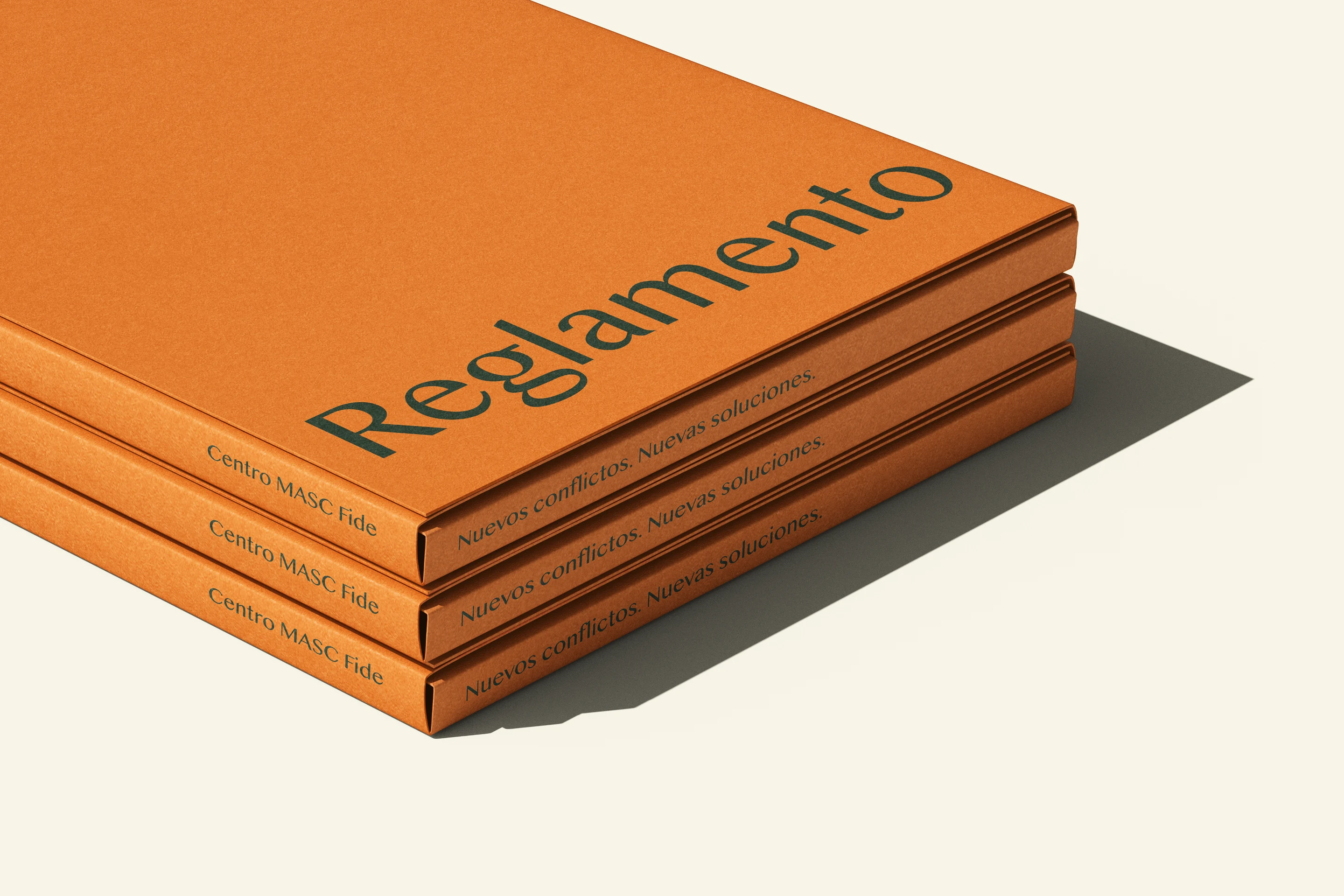 Three copies of the Centro MASC Fide Reglamento stacked, orange boards with green foil