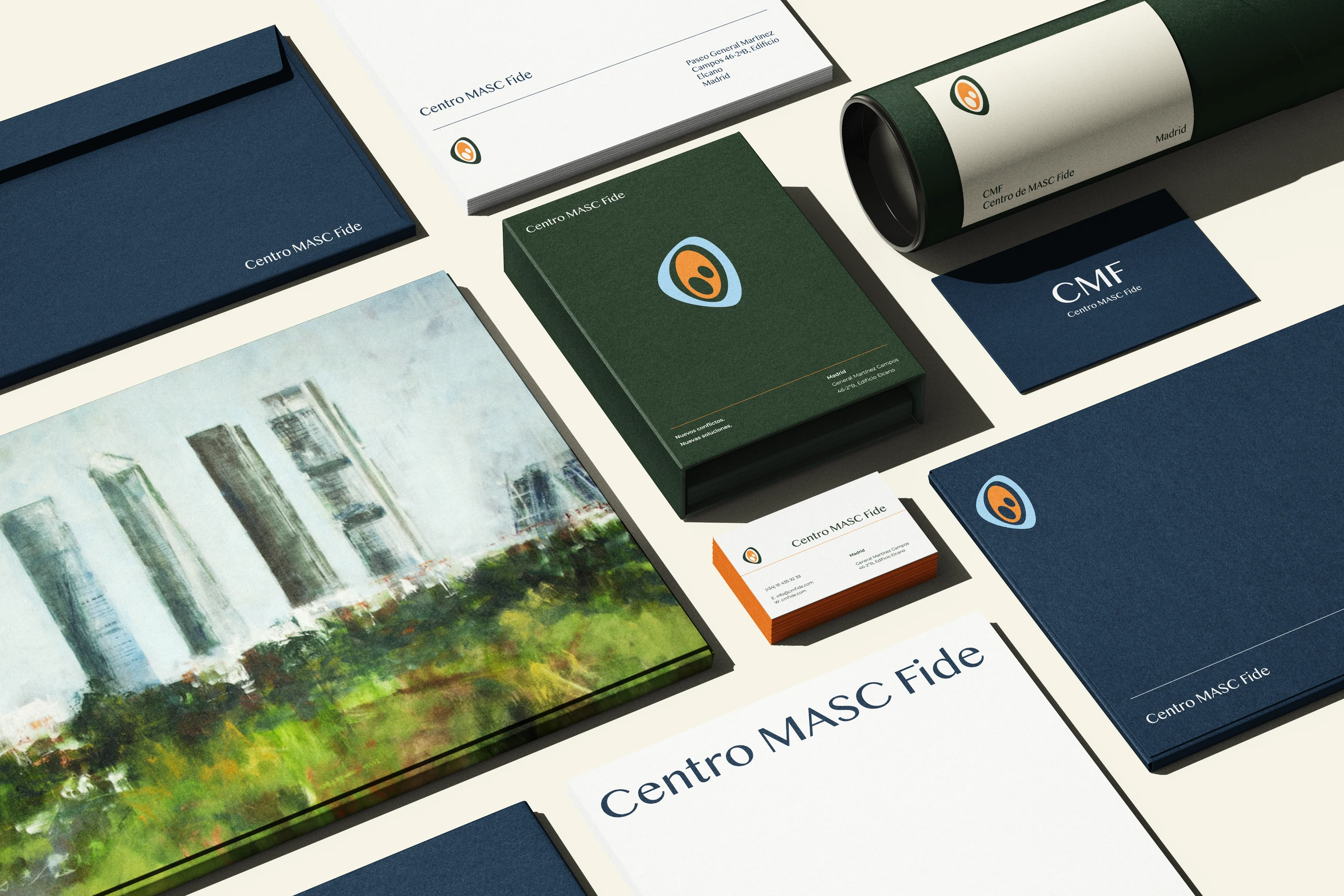 Centro MASC Fide stationery: folders, letterhead, business cards and a poster tube