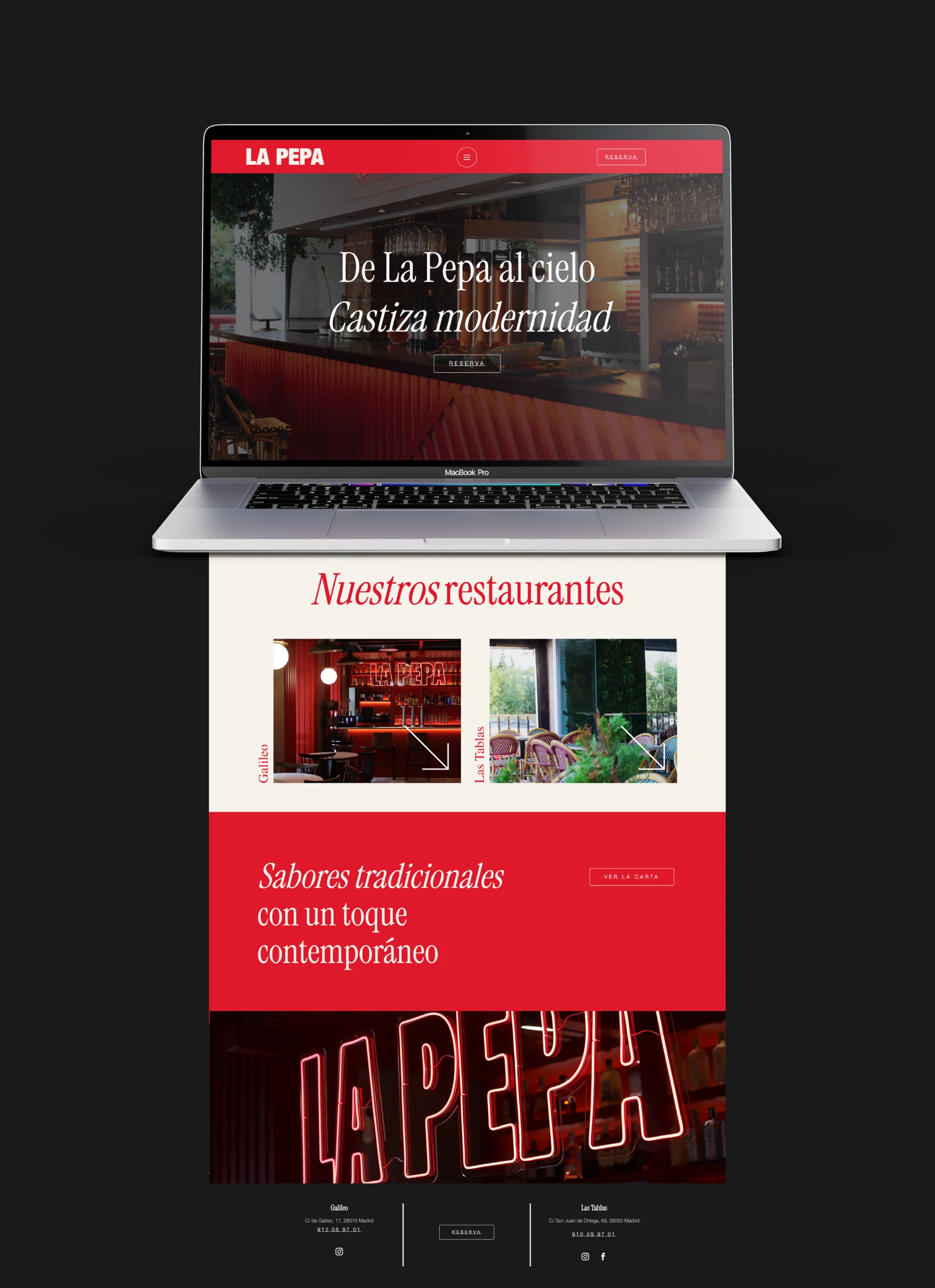 La Pepa homepage on a front-facing laptop above the full page