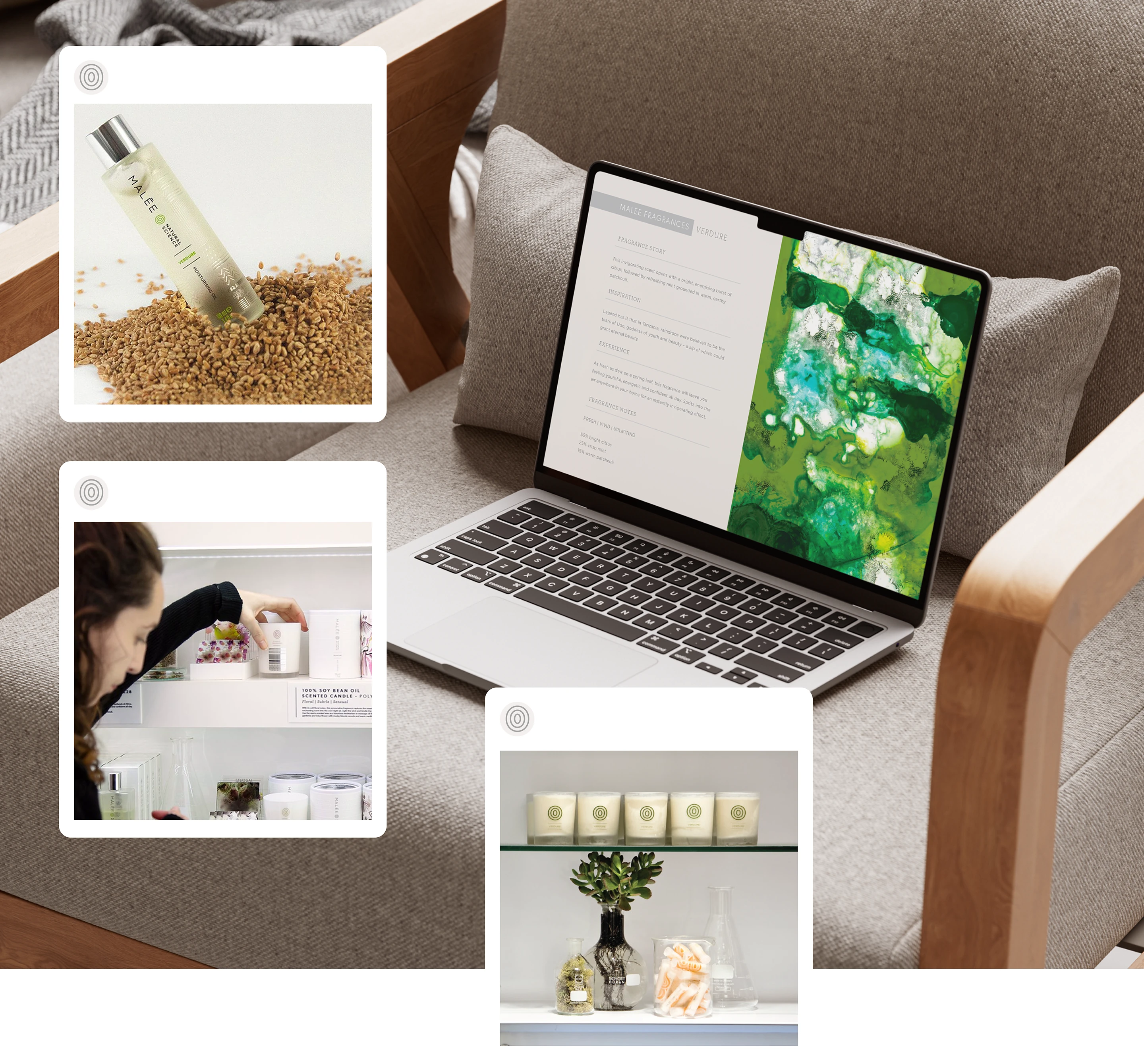 Malée Instagram cards next to a laptop on a sofa