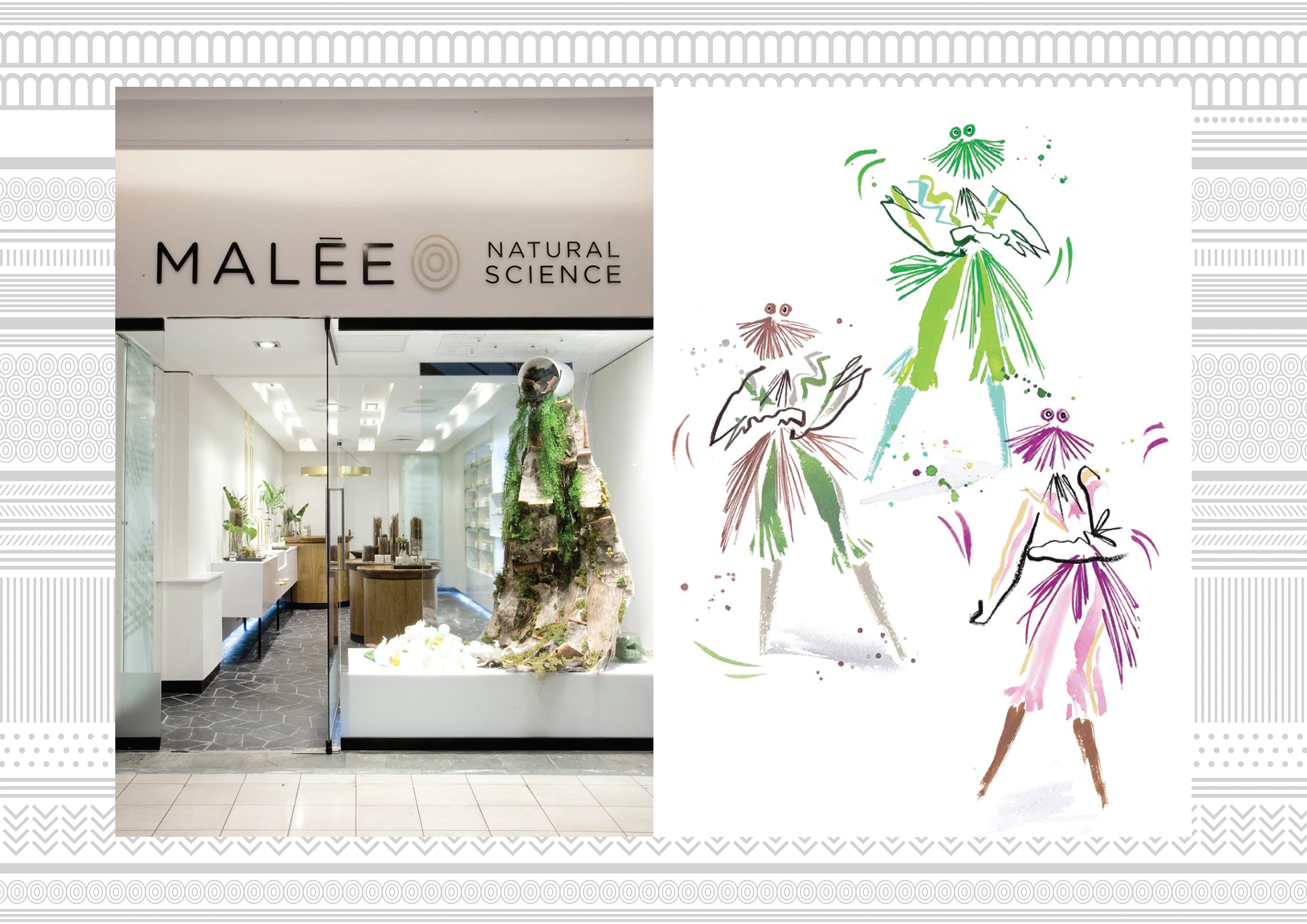 Malée storefront, fashion illustration and pattern border